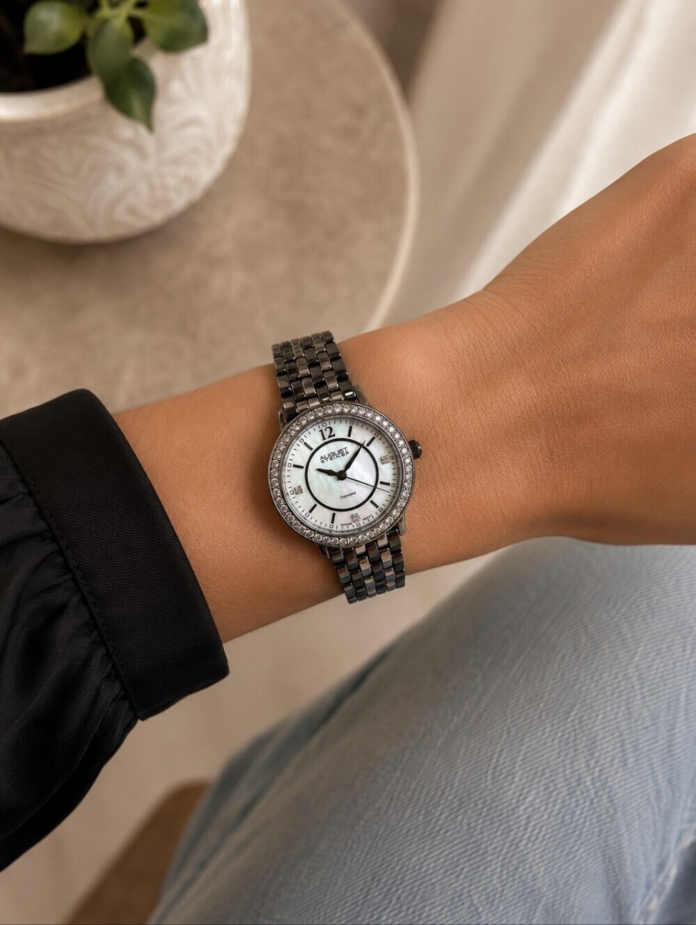 August Steiner Diamond Accent Watch | Mother of Pearl Dial | Black Ceramic Band